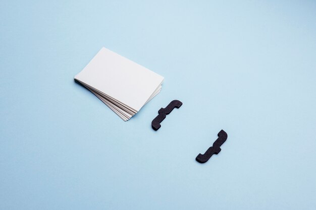 High view business cards and curly brackets