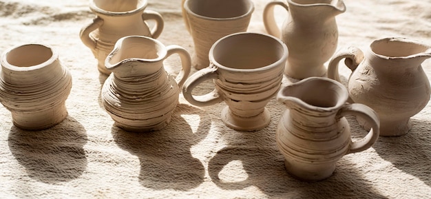 High view ceramics with shadows pottery concept