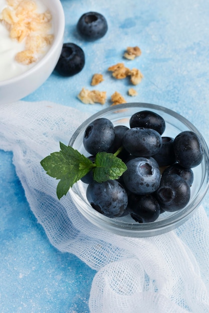 High view cereals and blueberries