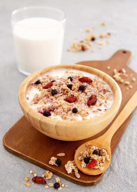 High view cereals in wooden bowl