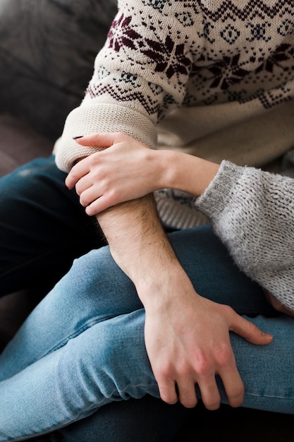 High view couple hugging and holding each other