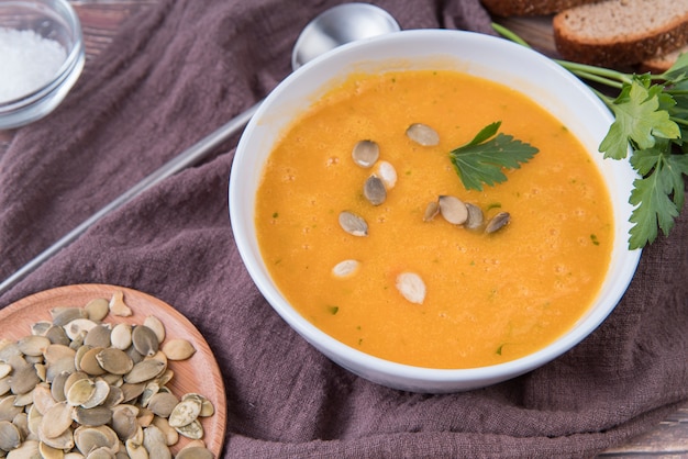 High view cream soup with seeds