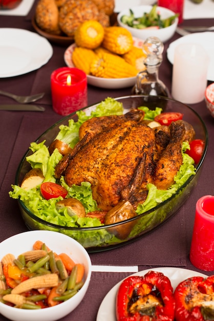 High view of delicious cooked turkey with salad dressing