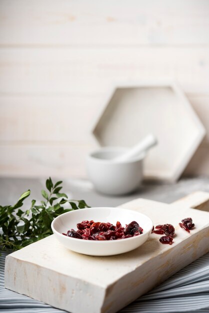 High view dried fruit on wooden board