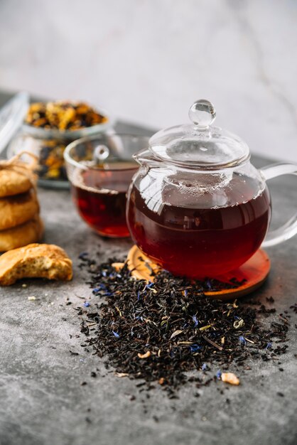 High view of forest fruit tea in cups