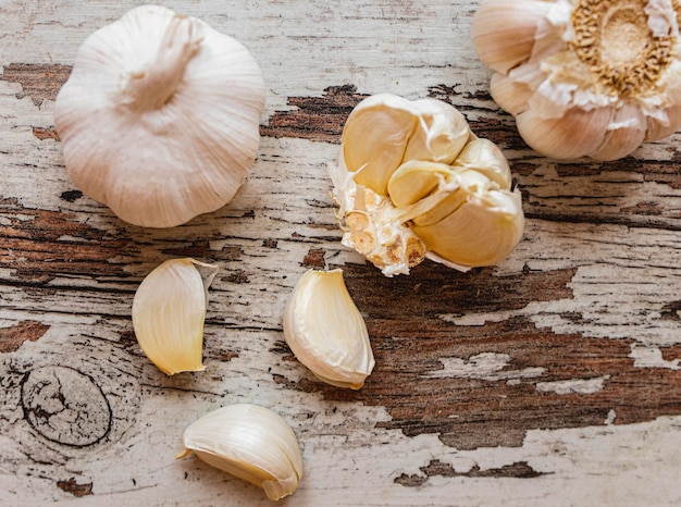 High view garlic on rustic table