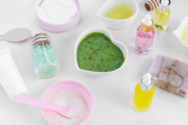 High view green cream spa treatment arrangement cosmetics