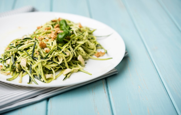 High view healthy green salad on wooden background