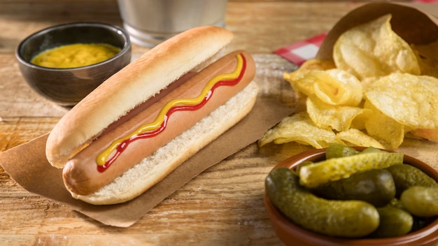 Free photo high view hot dog with pickles and chips