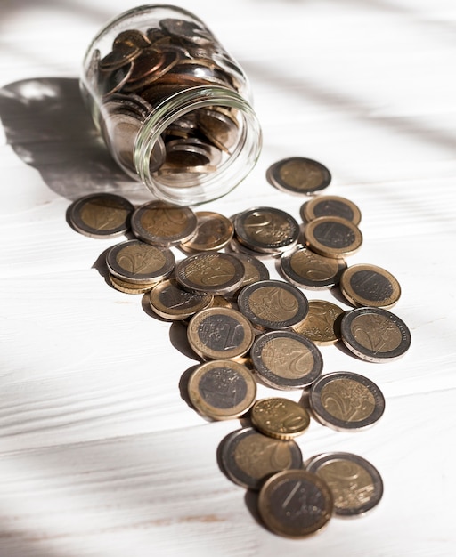 High view jar full of euro coins