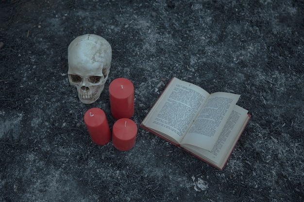 頭蓋骨と呪文の本と魔術の配置の高いビュー