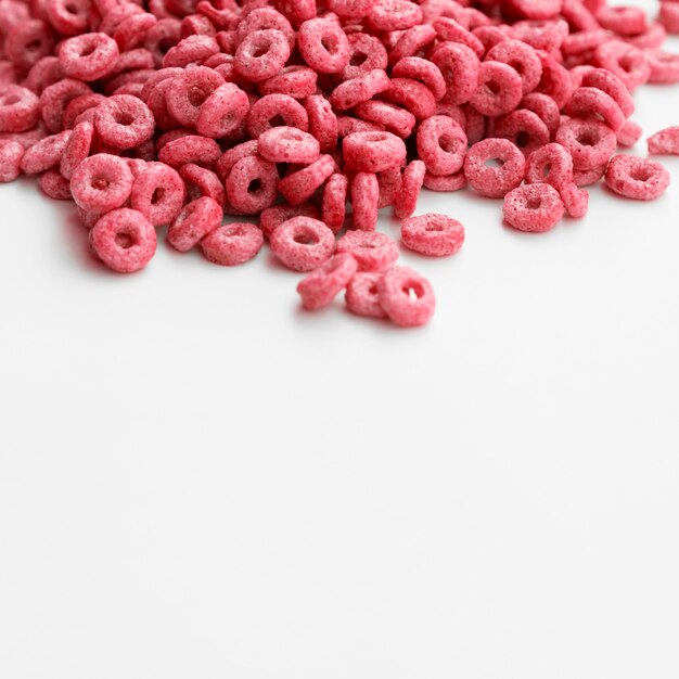 High view pink cereals with fruity