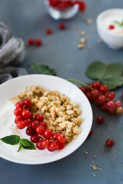 High view plate with healthy food blurred background