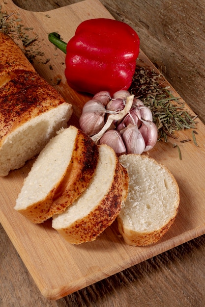 High view slices of bread with sweet pepper