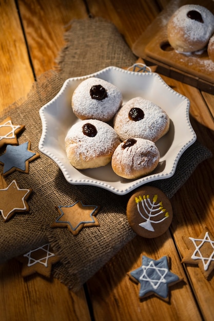 Free photo high view sweets traditional hanukkah jewish concept