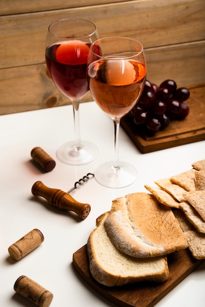 High view wine glasses with bread