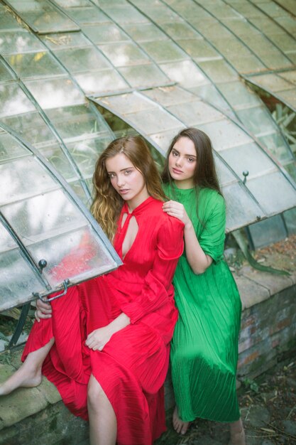 High view of women in a green house