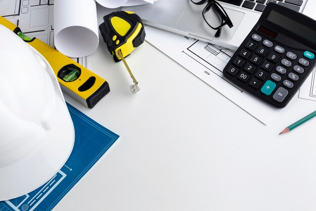 High view yellow repair tools on white background