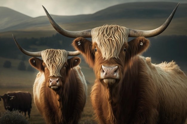 Free photo highland cows portrait on mountain landscape