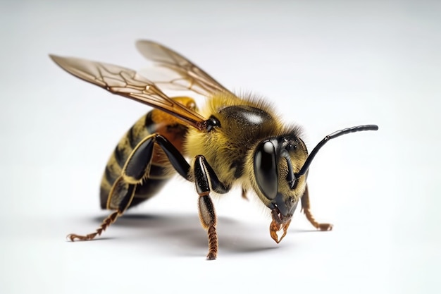 Высокодетализированное макроизображение пчелы, изолированной на белом фоне. Генеративный AI