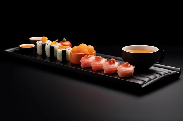 Highly detailed seafood sushi dish with simple black background