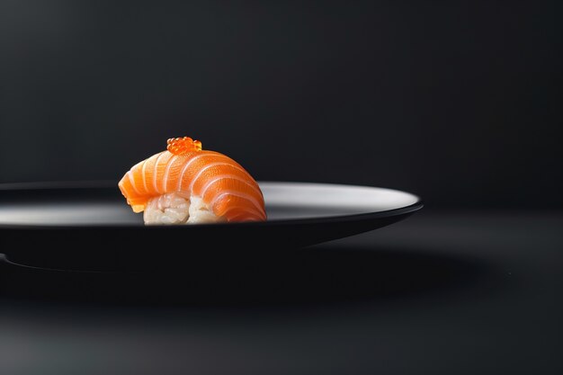 Highly detailed seafood sushi dish with simple black background