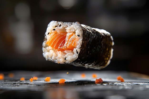 シンプルな黒い背景の非常に詳細な海鮮寿司料理