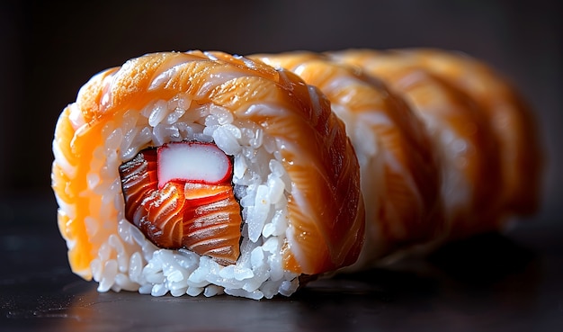 Highly detailed seafood sushi dish with simple black background