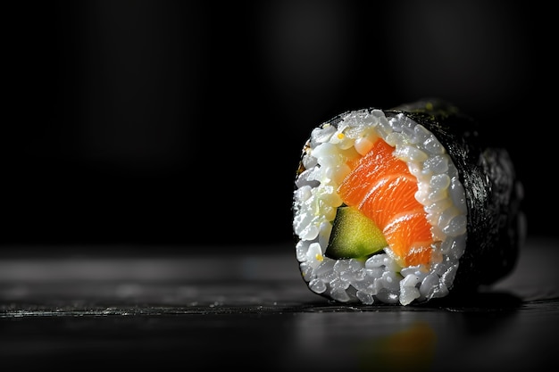 Highly detailed seafood sushi dish with simple black background