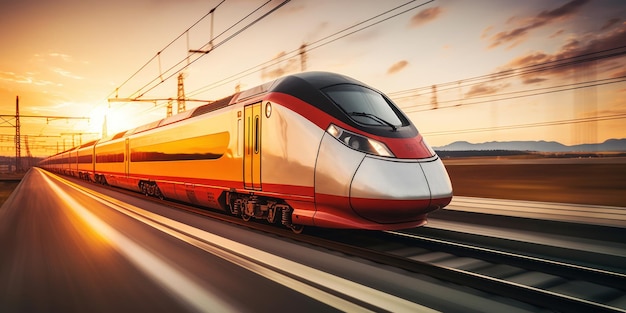 Free photo a highspeed train blurring past on tracks at sunset