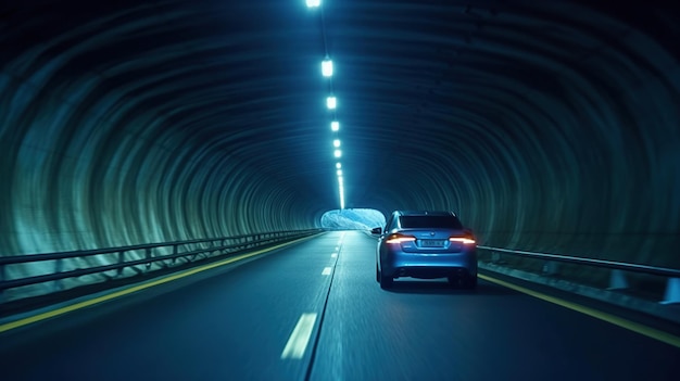 Highway road tunnel with car light AI generated image