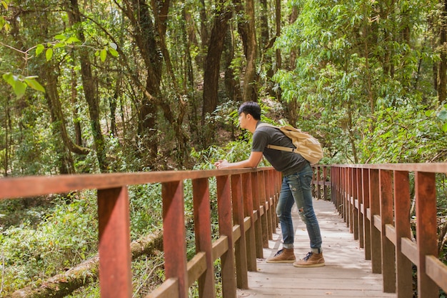 Hiker on bridge