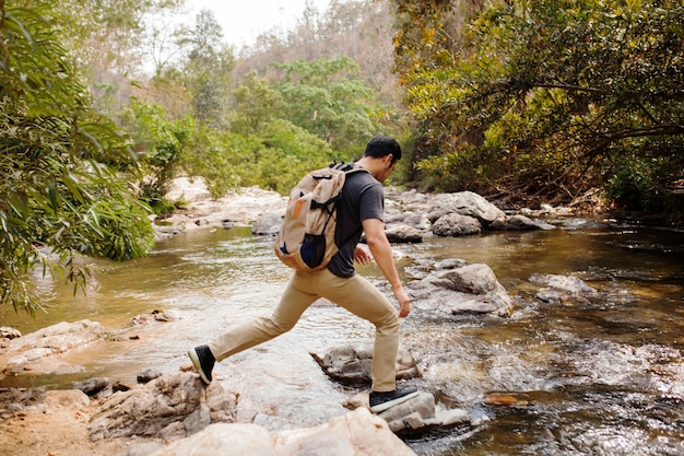 Hiker crossing river