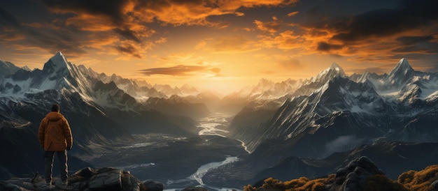 Foto gratuita escursionista in montagna al tramonto vista panoramica