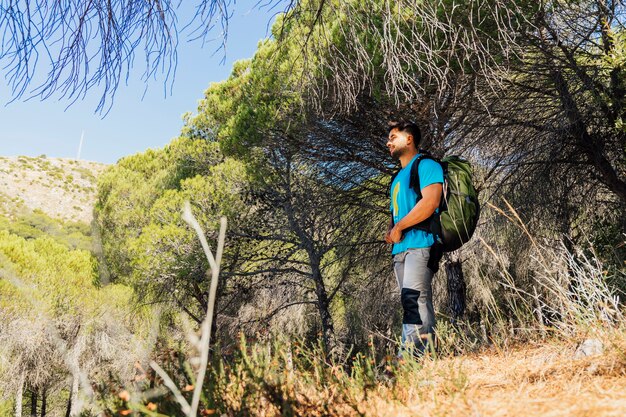 Hiker standing in forest