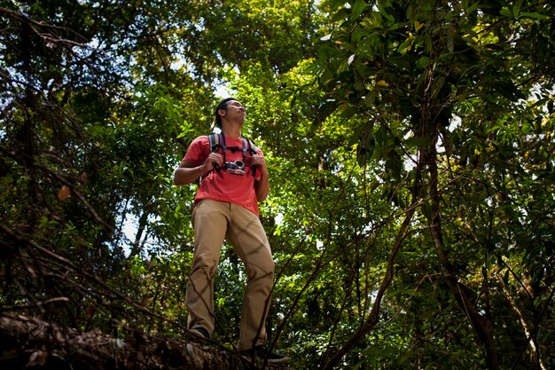 Hiker standing in wild jungle