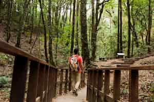 Free photo hiker walking over a wooden bridge