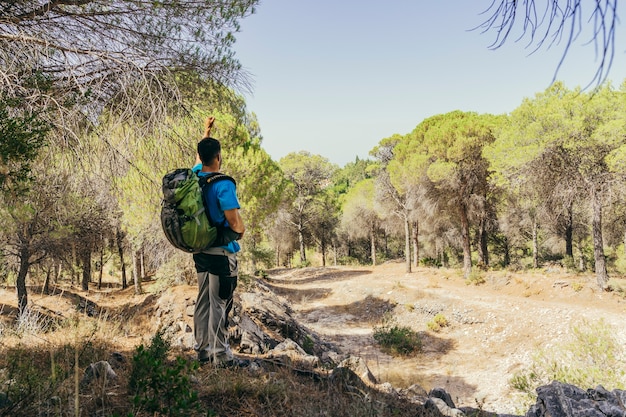 Hiker with backpack standing in forest