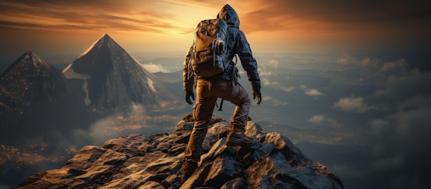 Hiker with backpack on the top of the mountain 3d rendering