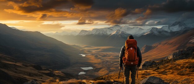 Hiker with backpack and trekking poles in the mountains during sunset