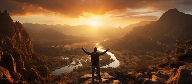 Бесплатное фото Турист с поднятыми руками стоит на вершине горы и наслаждается видом