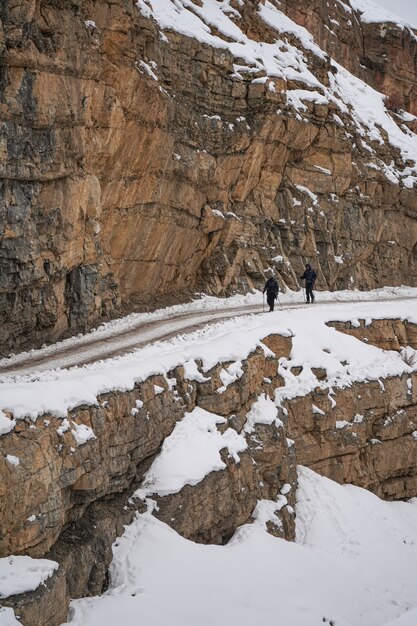 Hikers in Spiti valley in winter