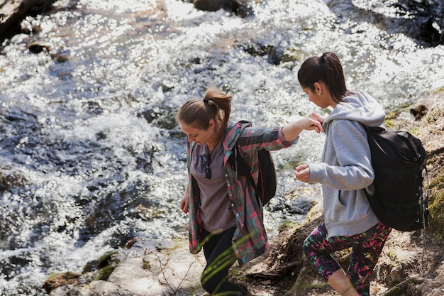 Hikers walking close to the river