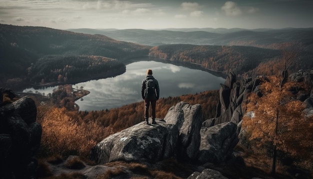 Free photo hiking mountain peak enjoying solitude generated by ai