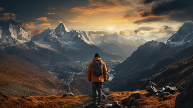 Foto gratuita escursioni in montagna un uomo con uno zaino cammina lungo il sentiero