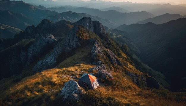 Hiking through mountain range camping under stars generated by AI