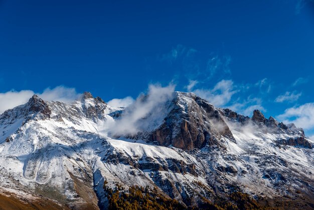 Himalayas covered in snow against the blue sky