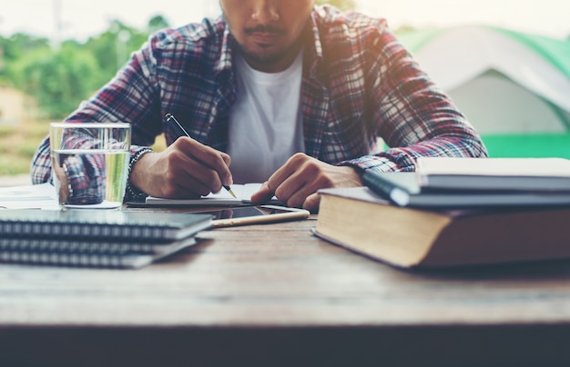 Hipster businessman working writing determine workspace lifestyl