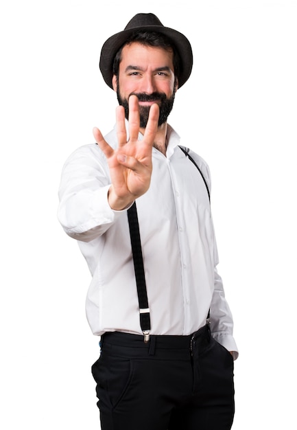 Free photo hipster man with beard counting four