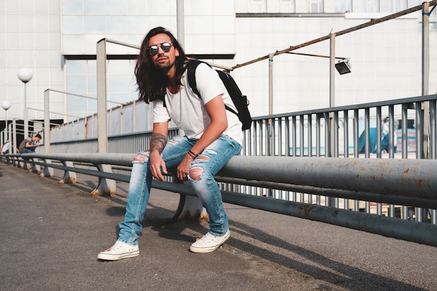 Hipster model with long hair